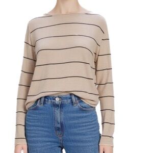 Eileen Fisher Beige and Black Striped Linen Knit Sweater Size Small